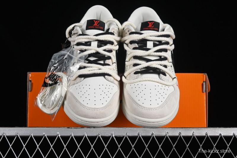 Nike SB Dunk Low LV Collaboration Anniversary Customized Sneakers in Off-White Black Swoosh Triple Floral - SJ2068-235