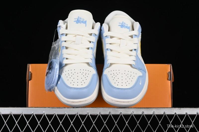 Nike Air Jordan 1 Low Stussy Collaboration - Blue Gold Custom High-End Basketball Shoes - WG8850-007