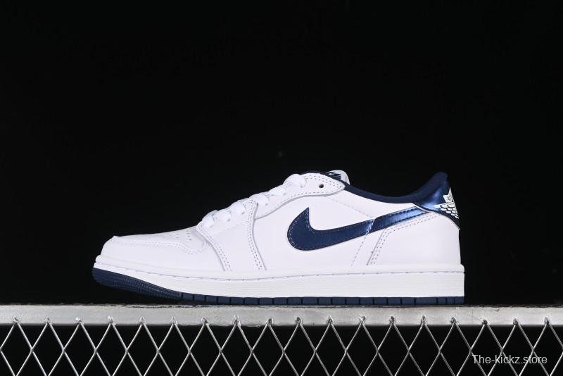 Nike Air Jordan 1 Low 85 Retro Sneakers in White with Metallic Blue Swoosh - FB9933-141