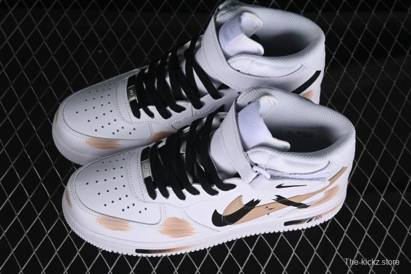 Nike Air Force 1 '07 Mid Hand-Painted White Black Brown with Swoosh Shadow Strap Mid-Top Casual Sneakers - CW2289-111