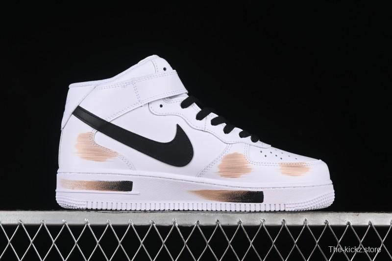 Nike Air Force 1 '07 Mid Hand-Painted White Black Brown with Swoosh Shadow Strap Mid-Top Casual Sneakers - CW2289-111