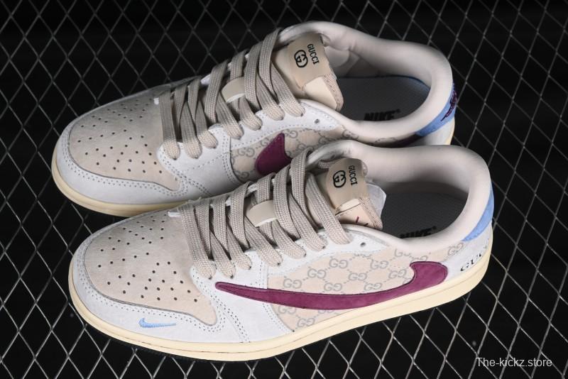 Nike Travis Scott x Fragment Design x Air Jordan 1 Low OG SP AJ1 Gucci Collaboration Low-Top Casual Sneakers with Pink Swoosh - CH6336-019