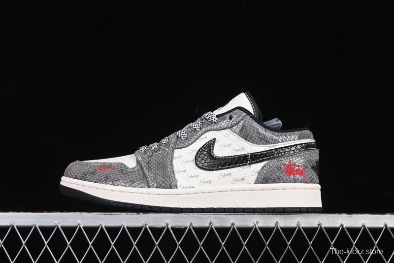 Nike Air Jordan 1 Low Retro Basketball Shoes with Custom Stussy Grey Snake Design - FC1688-202