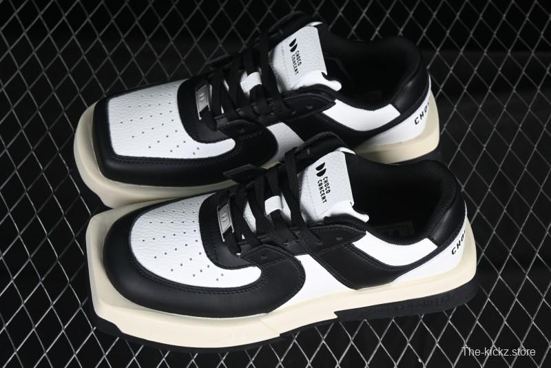 Choco Concert Leather Round Square Asymmetric Fashion Sneakers Black White - AJE5