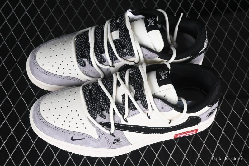 Nike Travis Scott x Fragment Design x Air Jordan 1 Low OG SP AJ1 Stussy Collaboration - Black Hook Dual-Tone Drawstring Low-Top Casual Sneakers - SJ0086-139