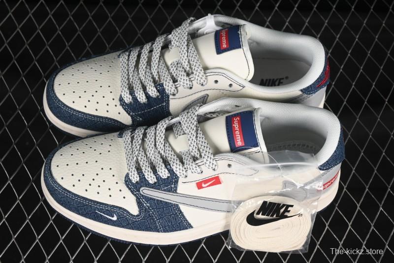 Nike Travis Scott x Fragment Design x Air Jordan 1 Low OG SP AJ1 Supreme Collaboration Grey Blue Denim Low-Top Casual Sneakers - JJ2508-565