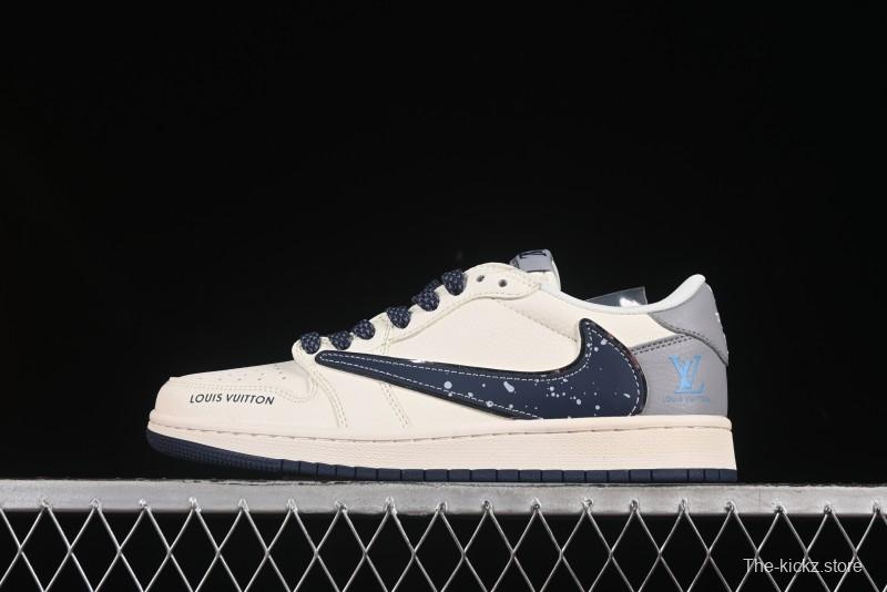 Nike Travis Scott x Fragment Design x Air Jordan 1 Low OG SP Sneakers with Splatter Blue Swoosh - ZH2598-242