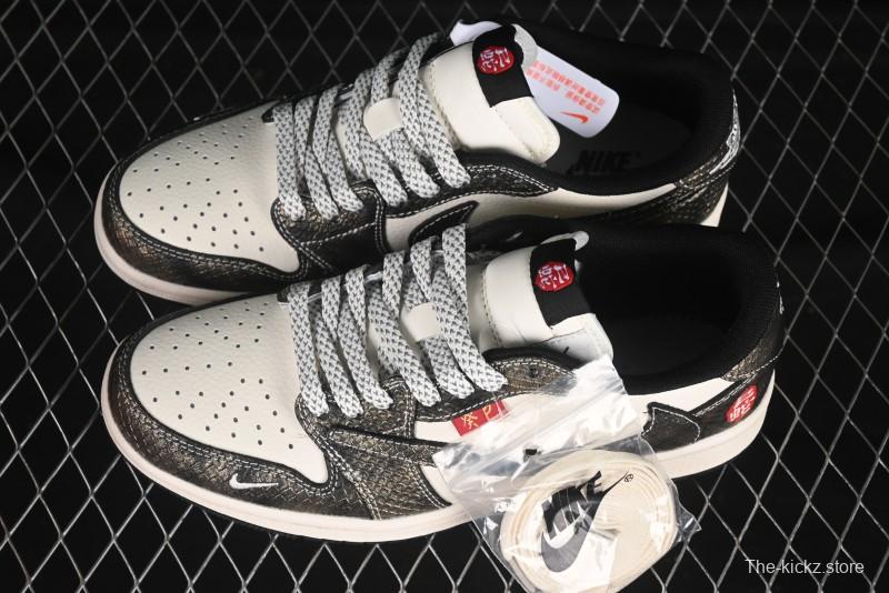 Nike Travis Scott x Fragment Design x Air Jordan 1 Low OG SP AJ1 Year of the Snake Limited Edition Black Snake Grain Low-top Casual Sneakers - YX5066-309