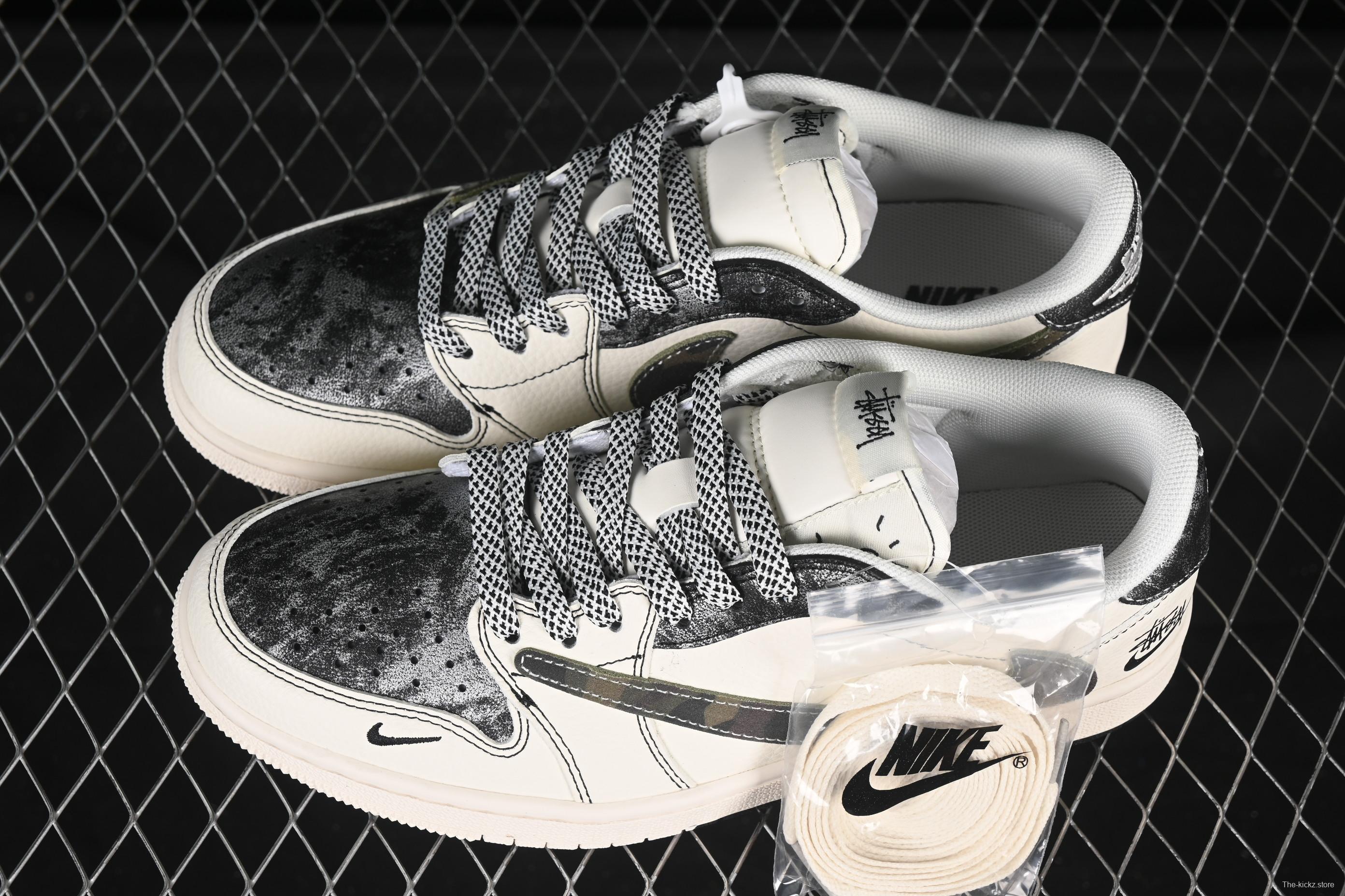 Nike Travis Scott x Fragment Design x Air Jordan 1 Low OG SP AJ1 Stussy Collaboration Dual Camo Swoosh Low-Top Casual Sneakers - XS7089-548