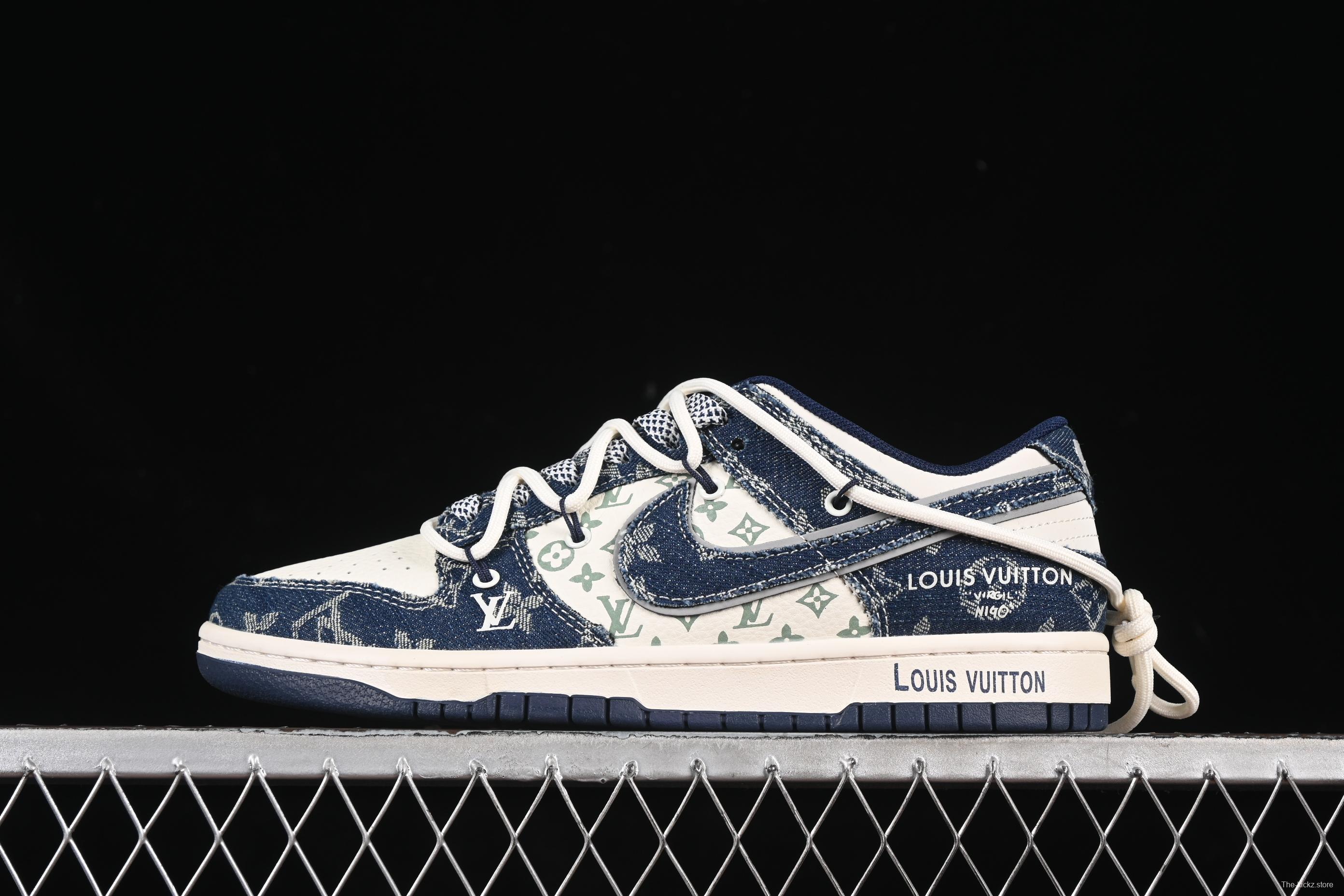 Nike SB Dunk Low LV Collaboration Strap Blue White Denim Blue Hook Anniversary High-End Custom Low-Top Casual Skate Shoes - YX5066-321