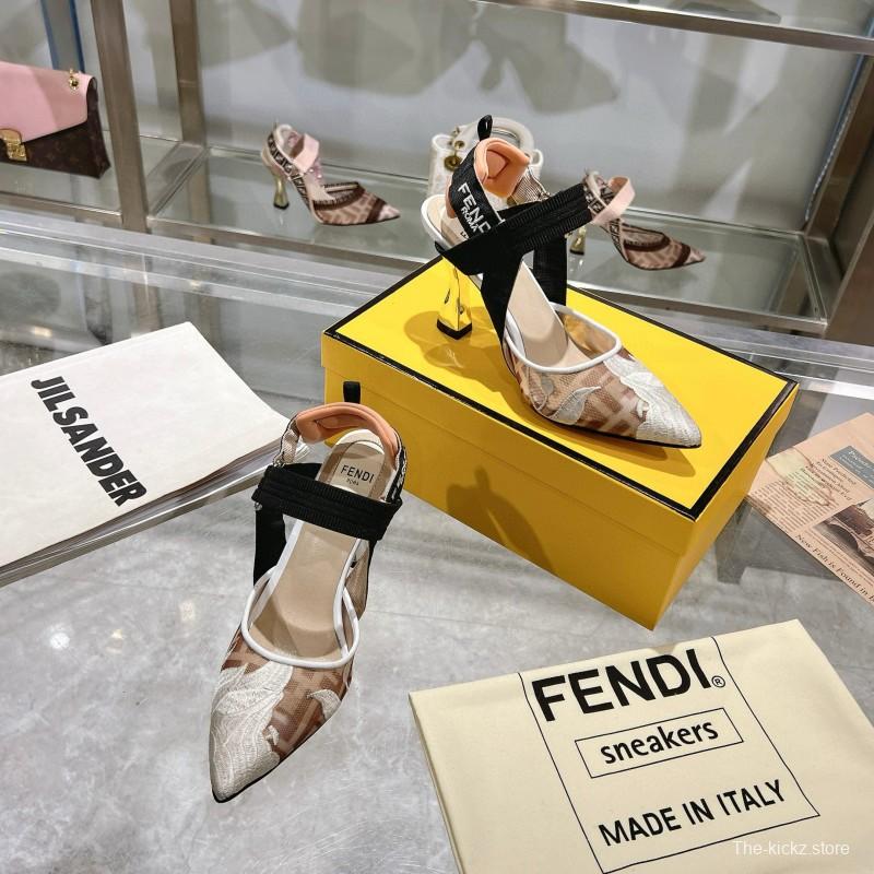 2025 Women Fendi Beige Black Mesh Leather Heels MJ00280