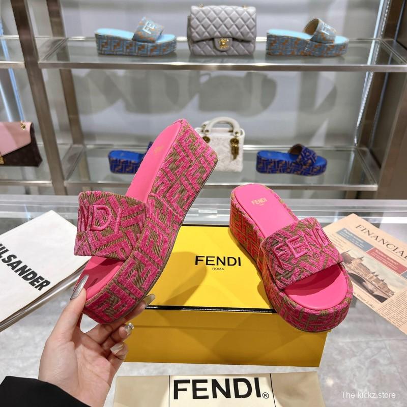 2025 Women Fendi Pink Canvas Slippers FF Jacquard KFY00240