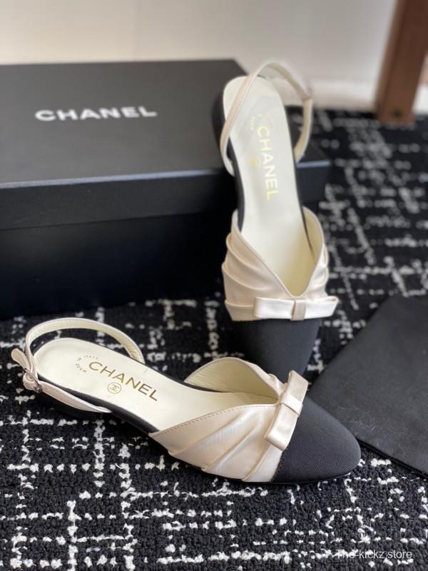 2025 Women Chanel Black Beige Silk Leather Sandals Bow KFY00289