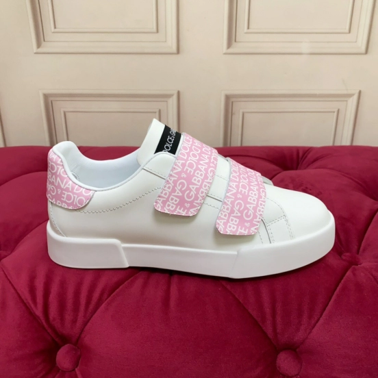 2025 Women Dolce & Gabbana White Pink Leather Sneakers LY00300