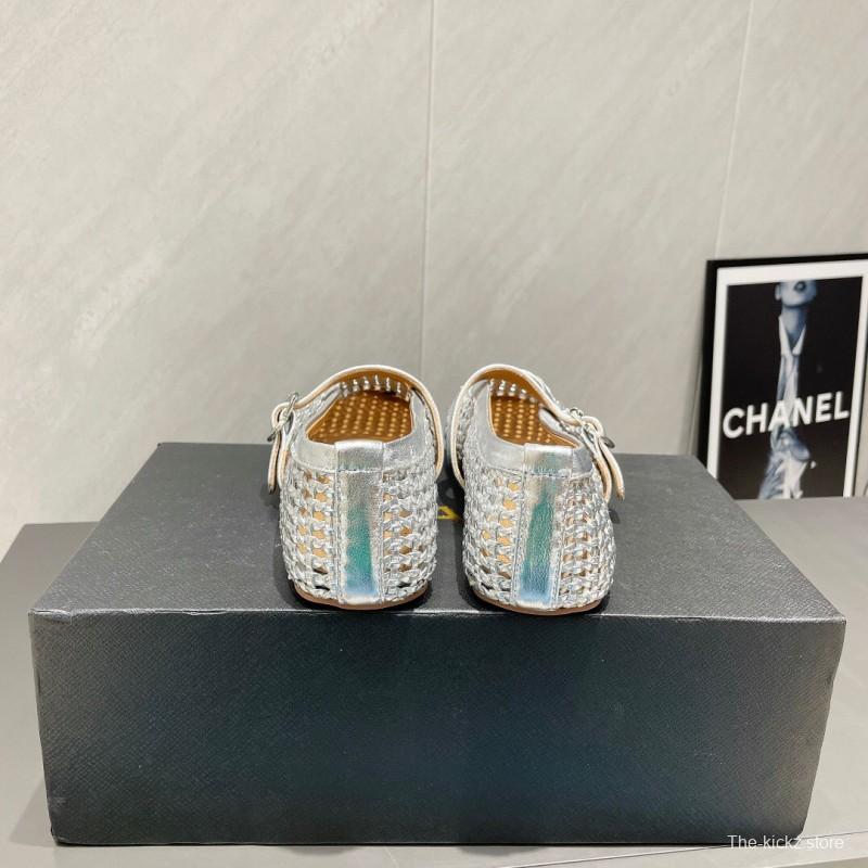2025 Women Alaïa Silver Leather Woven Mary Jane Flats LY00360(F)
