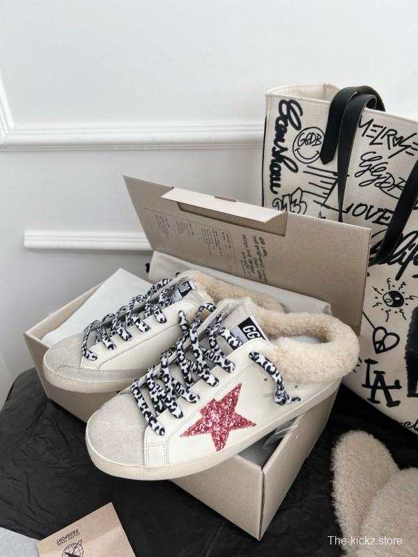 2024 Unisex GGDB White Pink Glitter Suede Leather Fur Slippers MJ00280