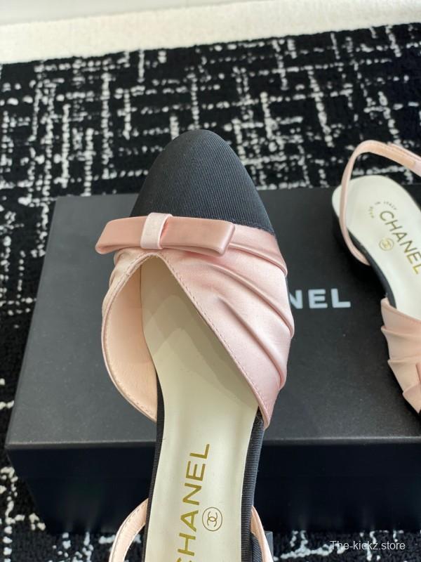 2025 Women Chanel Pink Black Silk Leather Sandals Satin Bow KFY00289