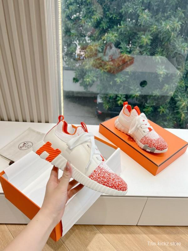 2024 Unisex Hermès white orange leather knit sneakers