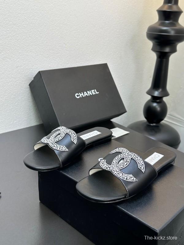 2025 Women Chanel Black Leather Rhinestone Logo Slide Sandals LY00360(F)
