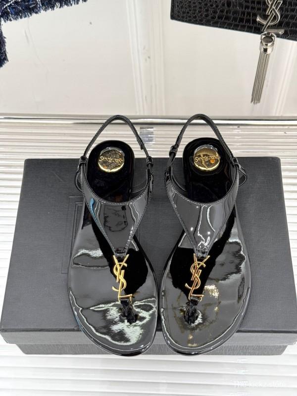 2025 Women Yves Saint Laurent Black Patent Leather Thong Sandals