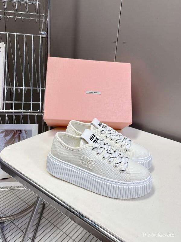 2025 Women Miu Miu White Canvas Sneakers