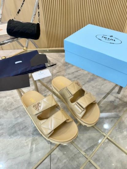 2025 Women Prada Beige Leather Sandals LY00270