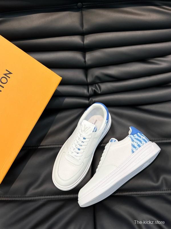 2024 Unisex Louis Vuitton White Blue Cow Leather Mesh Sneakers MJ00400