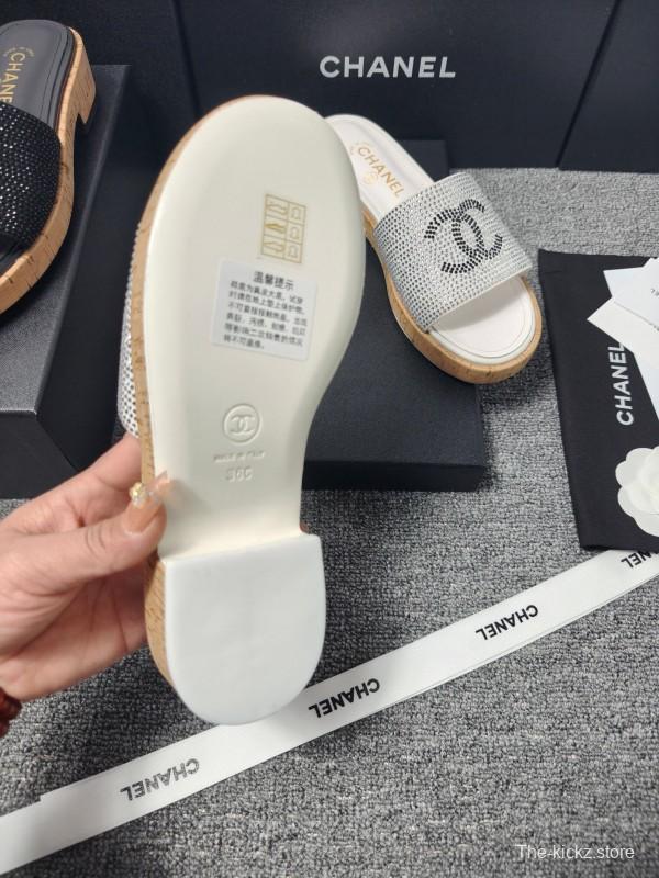 2025 CHANEL Silver Crystal Leather Slippers