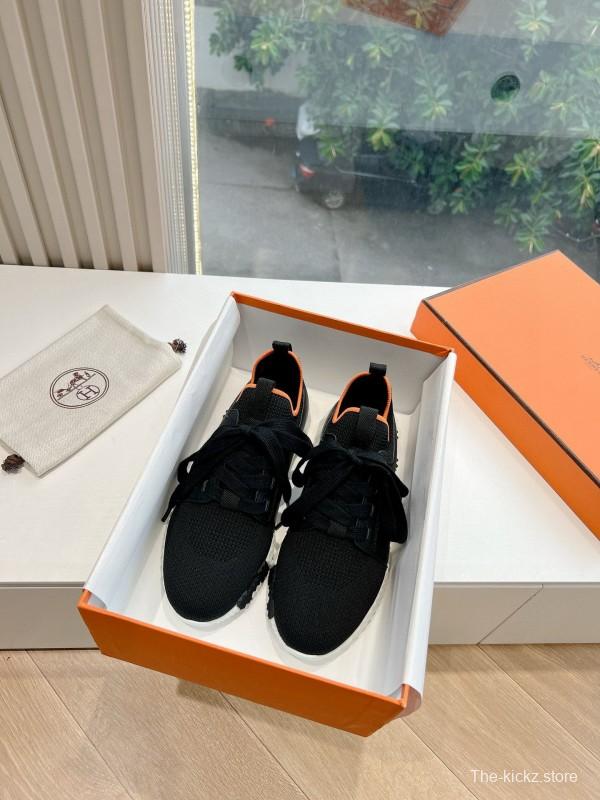 2024 Unisex Hermès Black Orange Knit Sneakers