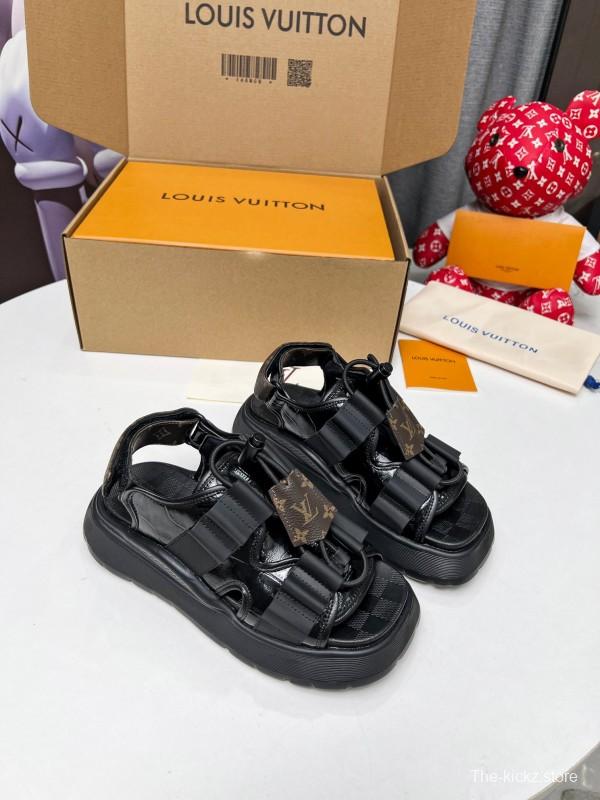 2025 Women Louis Vuitton Black Leather Fabric Sandals LV00310