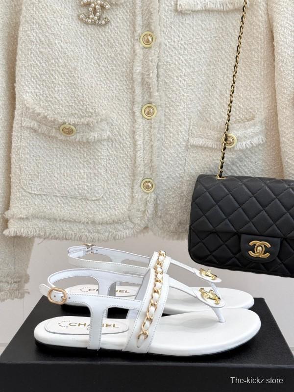 2025 Slippers Chanel White Leather Chain Strap CC Logo