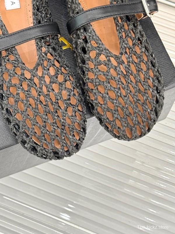 2025 Women AlAIA Black Leather Woven Mary Jane