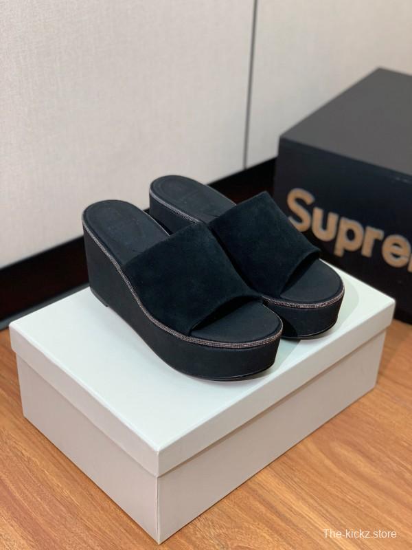 2025 Women BRUNELLO CUCINELLI Black Suede Platform Slide Sandals Casual Craftsmanship KFY00275(F)