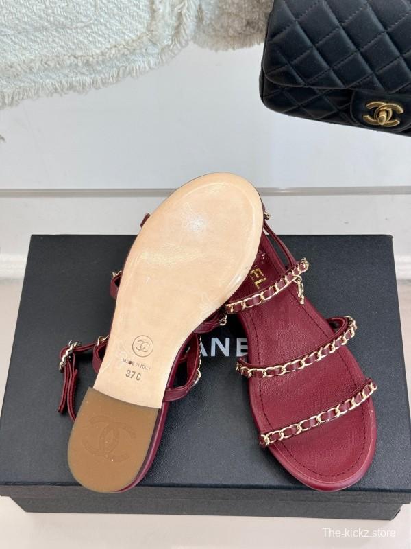 2025 Women Chanel Red Lambskin Chain Strap Sandals