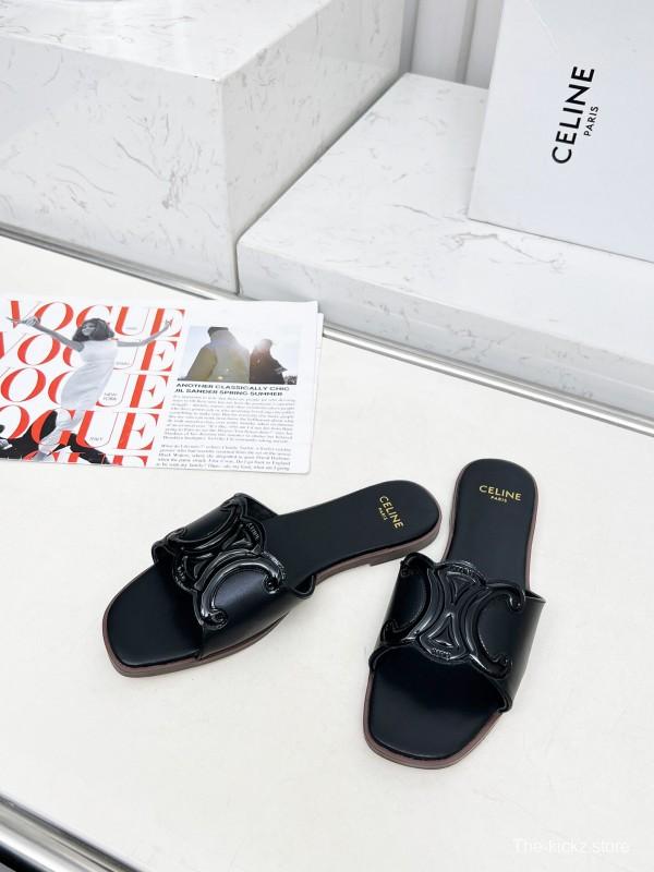 2025 Women Celine Black Leather Slippers LY00190