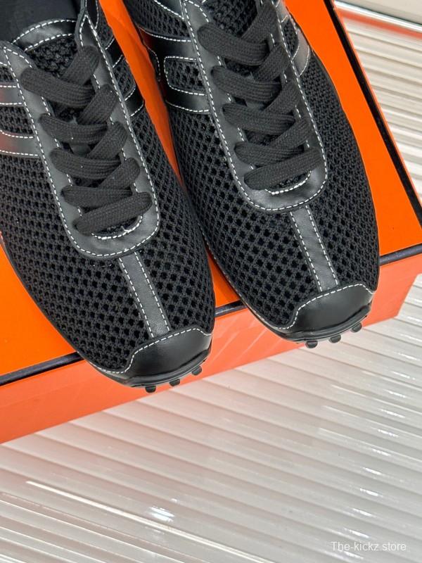 2025 Women Hermès Black Mesh Leather Sneakers