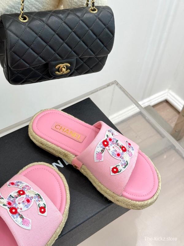 2025 Slippers Chanel Pink Canvas Embroidered KFY00230