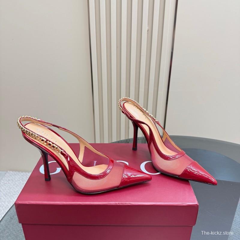 2025 Women Gucci Red Patent Leather Pointed Toe Slingback High Heel Pumps With Chain Detail KFY00300(F)