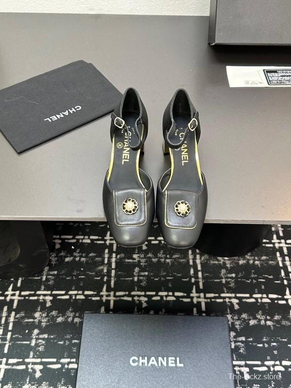 2025 Women CHANEL Black Leather Block Heel Metal Accent LY00360