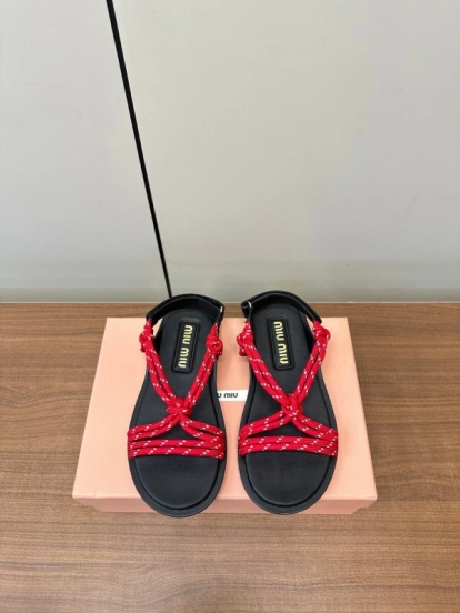 2025 Women Miu Miu Red Rope Leather Sandals LY