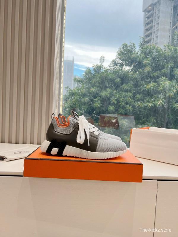 2024 Unisex Hermès Beige Grey Orange Black Leather Suede Knit Sneakers MJ00290