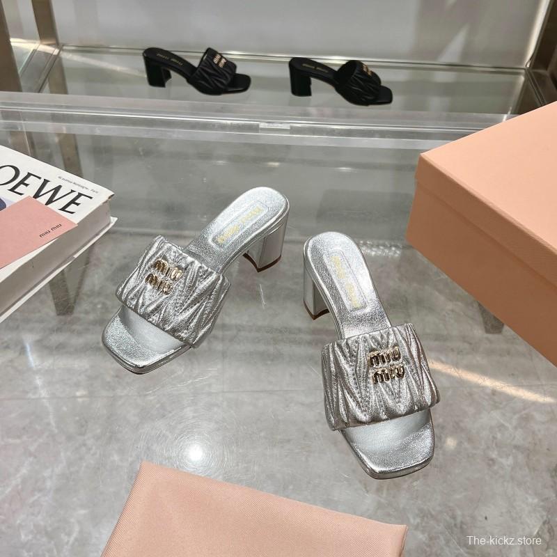 2025 Women Miu Miu Silver Leather High Heel Sandals