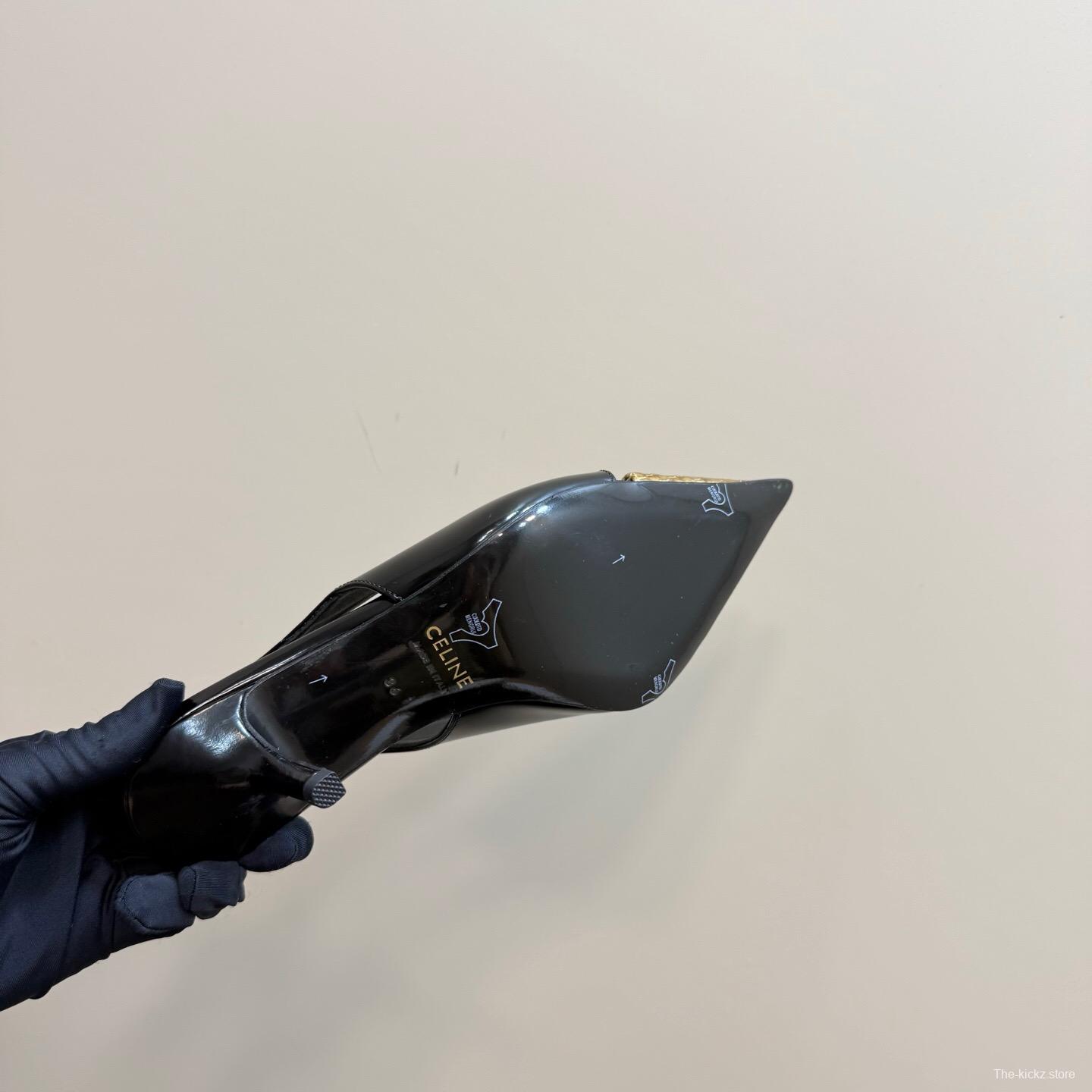 2025 Women CELINE Black Gold Leather Slingback Heels