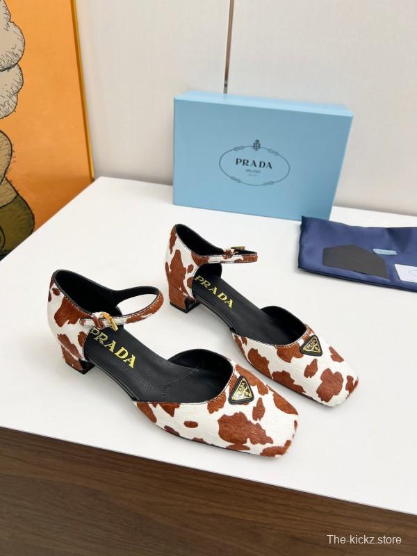 2025 Women Prada Brown White Calf Hair Strap Heels LY00270