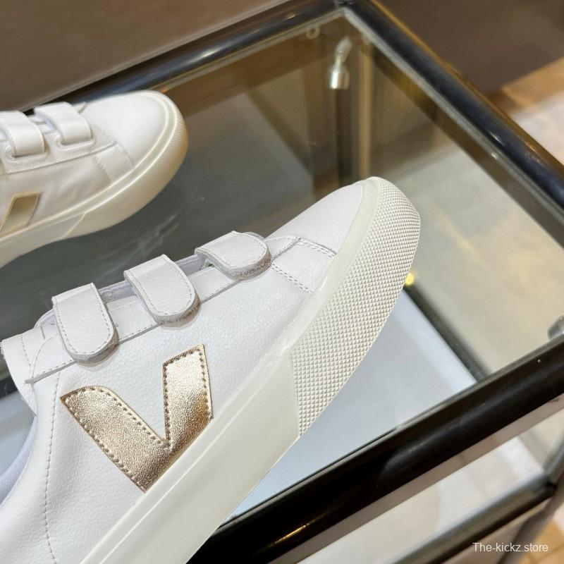 2025 Women VEJA White Gold Leather Strap Sneakers