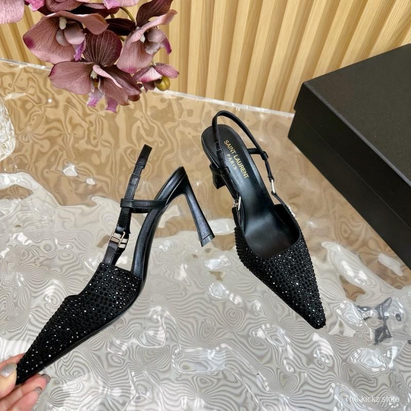 2024 Women Yves Saint Laurent Black Silk Slingback Heels MJ00320