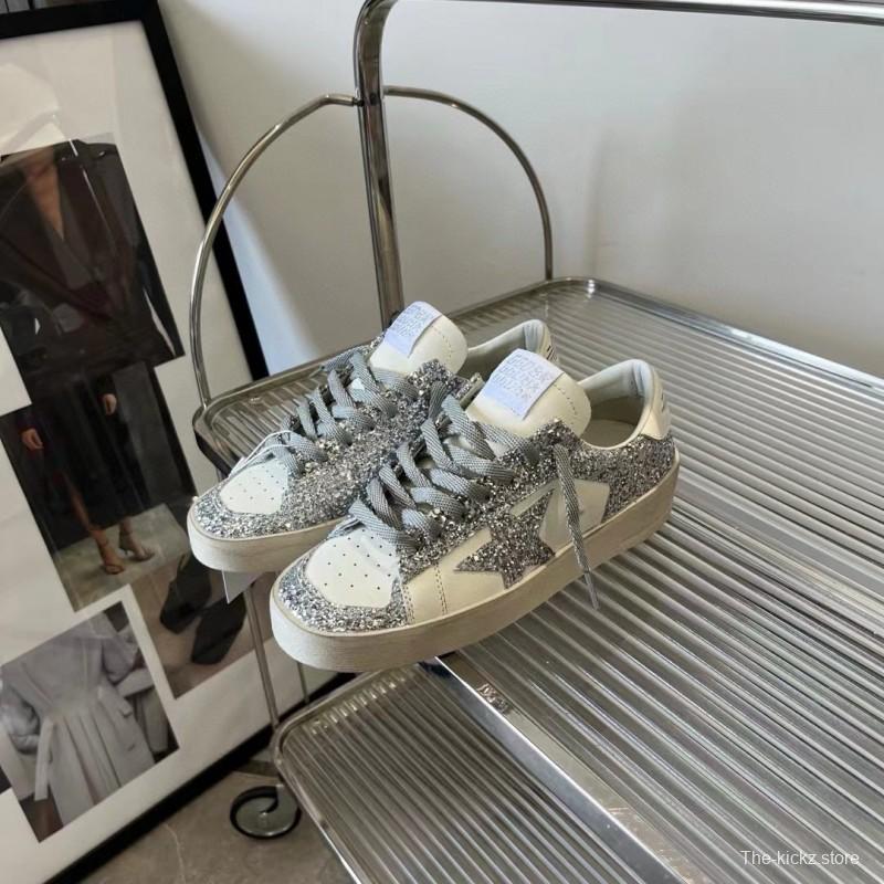 2024 Unisex GGDB White Silver Leather Glitter Low-Top Sneakers MJ00260