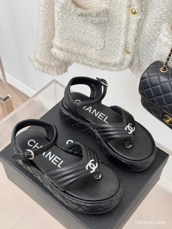 2025 Women Chanel Black Leather Sandals Platform