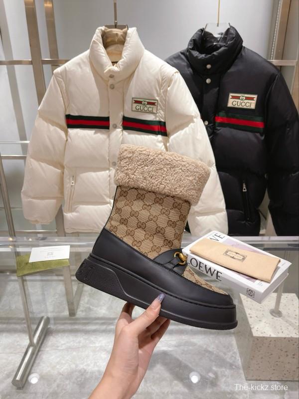 2024 Women Gucci Beige Brown Leather Snow Boots Horsebit MJ00420