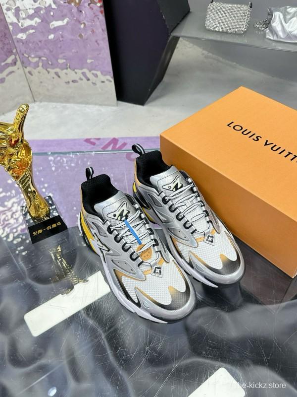 2025 Men Louis Vuitton Gradient Yellow White Leather Mesh Sneakers MJ00420